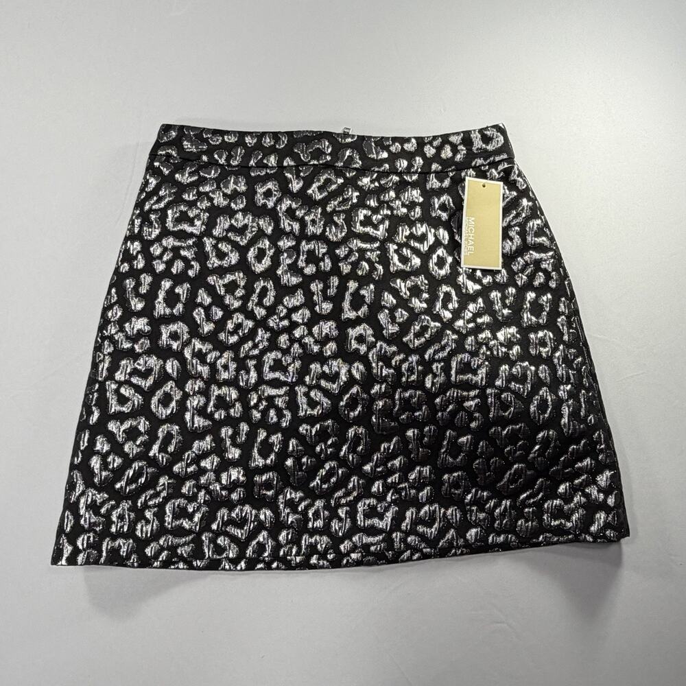 NWT Michael Kors Metallic Leopard Jacquard Mini Skirt Black Silver Size 2